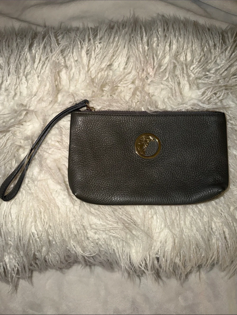 Versace Collection Dark Gray Leather Wristlet Clutch with Gold Medallion